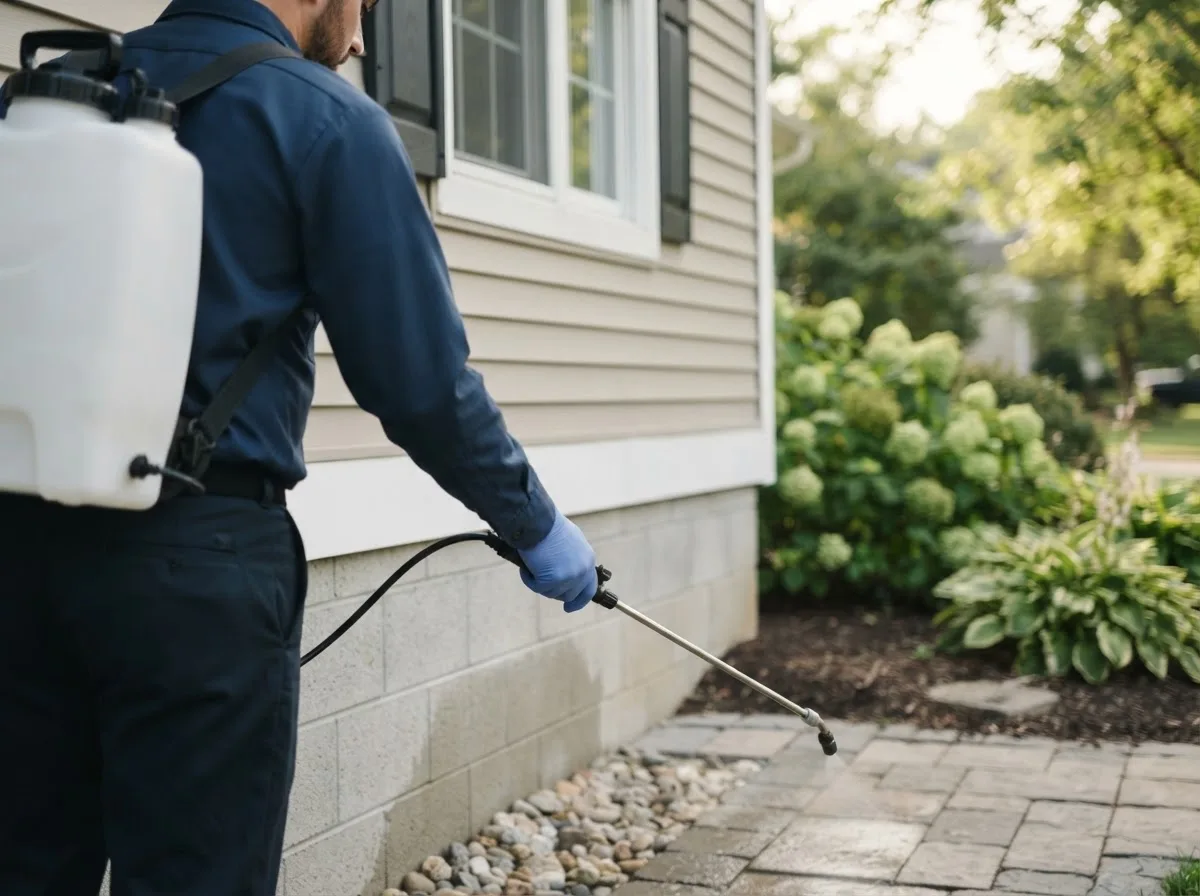 Pest control technician inspecting a home in Oglesby, IL